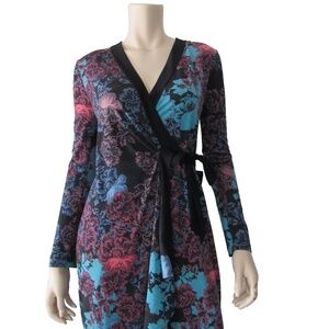 BCBGMAXAZRIA V Neck Long Sleeve Floral Wrap Party Dress
